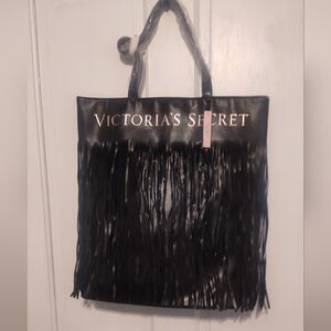 Victoria’s Secret Black Fringe WeekenderTote Bag Faux Leather